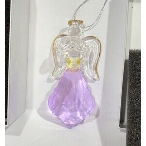 Glass Angel Ornament Purple Crystal Gold Trim Open Book Figurine Boxed